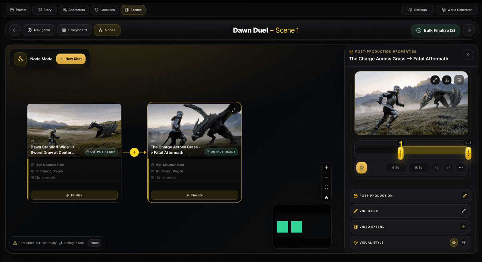 Creator Flow Node Mode showing connected scene shots and post-production controls